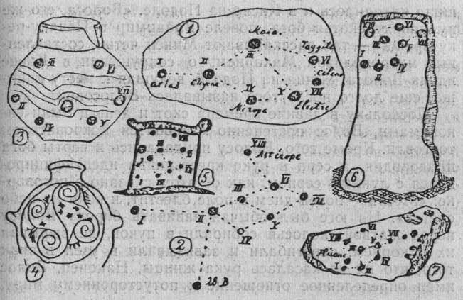 Изображения созвездия Плеяд на предметах, относящихся к палеолиту: 1, 5, 6 и 7 - на камнях, 
3, 4 - на сосудах; 2 - конфигурация Плеяд, как они 
в действительности видны на небе невооруженным глазом.